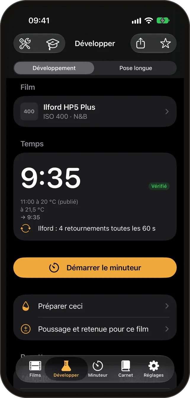 Le calculateur de développement affichant un temps publié