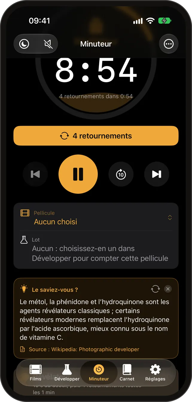 Le minuteur de développement avec une carte d’information ouverte